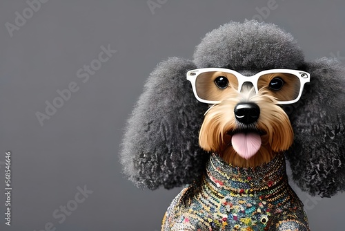 Cute poddle dog wearing clothes and glasses. Close up. Generative AI. © Pictures Paradise