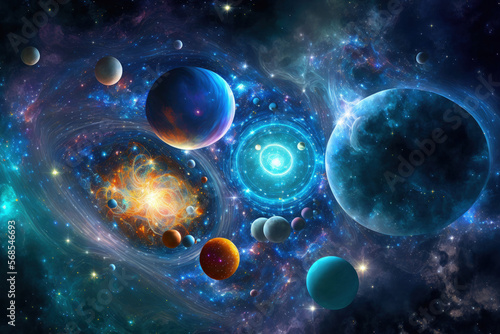 Cosmological background stars, planets, and galaxies; space and time travel;. Generative AI