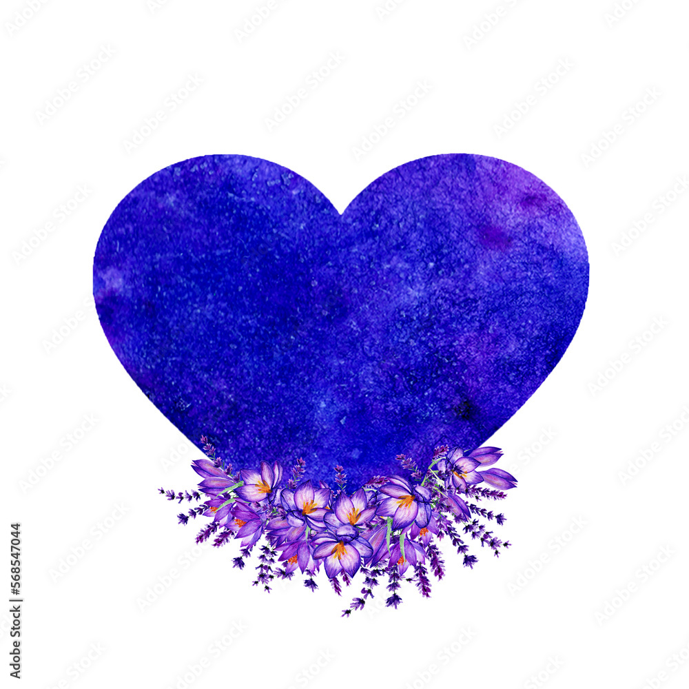 Blue Heart With Crocuses Flowers Hand Drawn Illustration. Wedding Concept