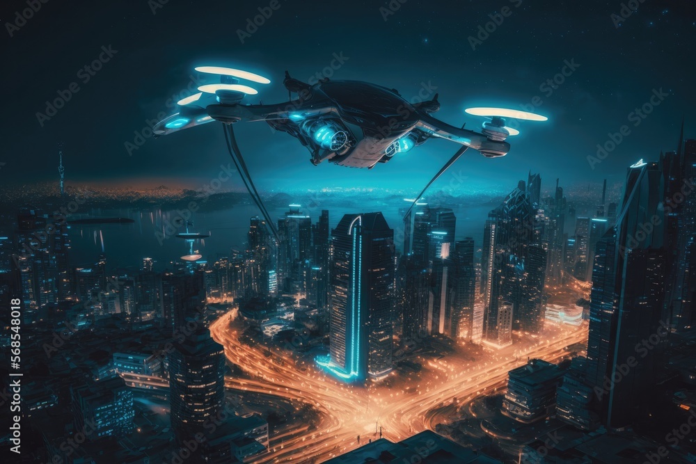 Futuristic drone, unmanned vehicle with a view of the city. Alien technology. Generative AI