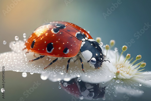 Ladybug on white flower, with morning dew