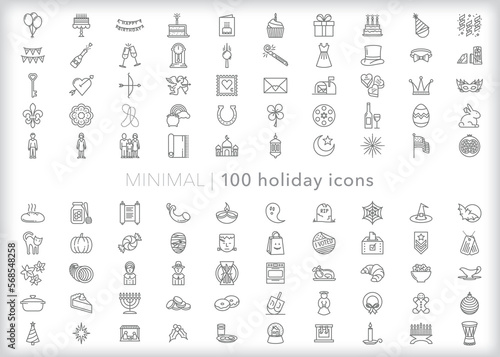 Set of 100 holiday line icons of items and themes for annual holidays celebrated worldwide