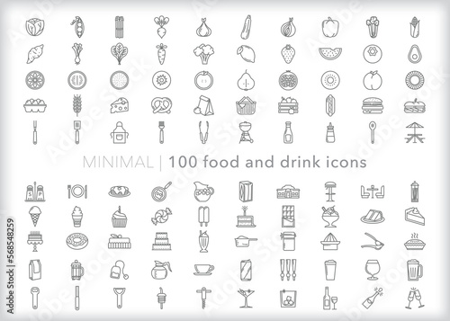 Set of 100 food and drink line icons of ingredients and meals to to eat at home or in a restaurant