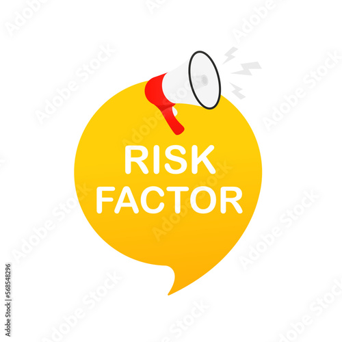 RIsk factor. Badge with megaphone icon. Isolated on white background. Business concept. Alert banner with megaphone, marketing and advertising. Vector illustration
