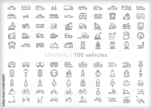 Set of 100 vehicle line icons of different types of transportation on roads, streets, and railroads