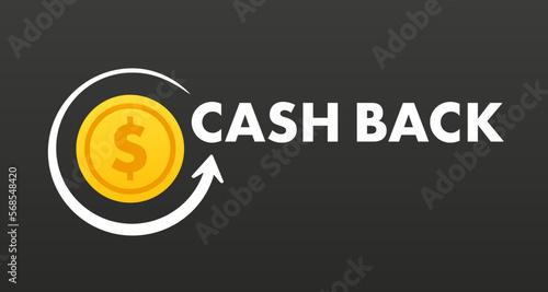 Cashback loyalty program concept. Shopping cart and gold coin. Cash back service, financial payment label. Refund money service design. Bonus cash back. On a black background. Vector illustration