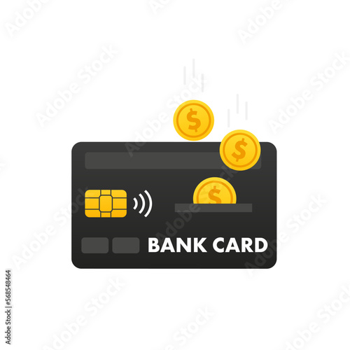 Cashback loyalty program concept. Credit or debit card with returned coins to bank account. Refund money service design. Bonus cash back. Vector illustration