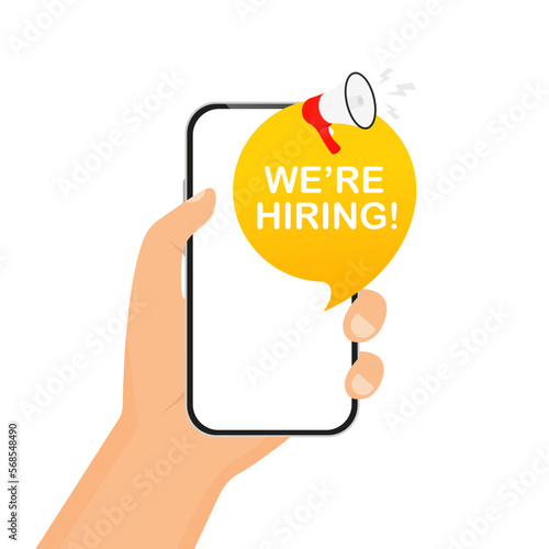 We are hiring banner. Vacancy announcement. Hiring and recruiting employees. Business recruitment concept. Alert banner with megaphone, marketing and advertising. Vector illustration