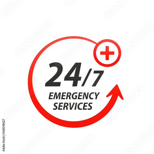24-7 service concept. 24-7 open. Support service icon. Round-the-clock customer service. Arrow vector icon. Customer service. Medical service. Vector logo. Round logo. Vector illustration