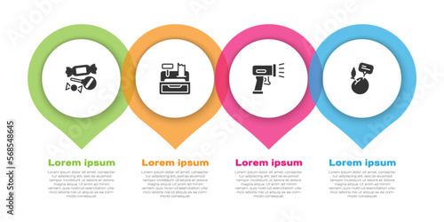 Set Candy, Cash register machine, Scanner scanning bar code and Supermarket food products with price label. Business infographic template. Vector