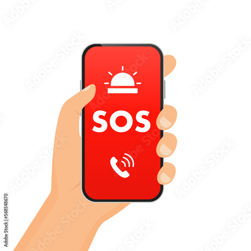 SOS message in the phone. 911 calling in flat style. First aid. Call screen smartphone. Hand with a phone asks for help. Calling for help. Vector illustration