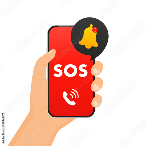 SOS message in the phone. 911 calling in flat style. First aid. Call screen smartphone. Hand with a phone asks for help. Calling for help. Vector illustration