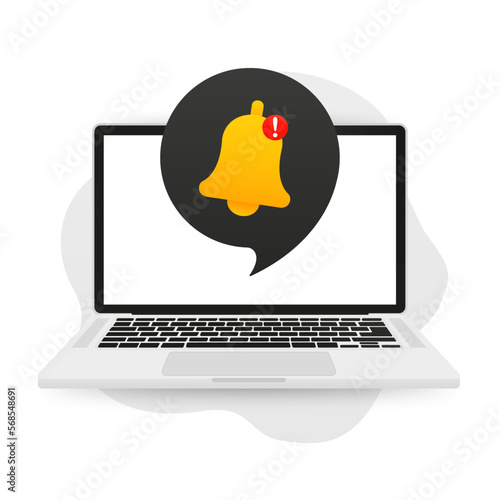 Notification message bell on laptop. Alert message. Notification concept of new message or other notice. Unread email. Danger error alerts, virus or insecure messaging. Vector illustration