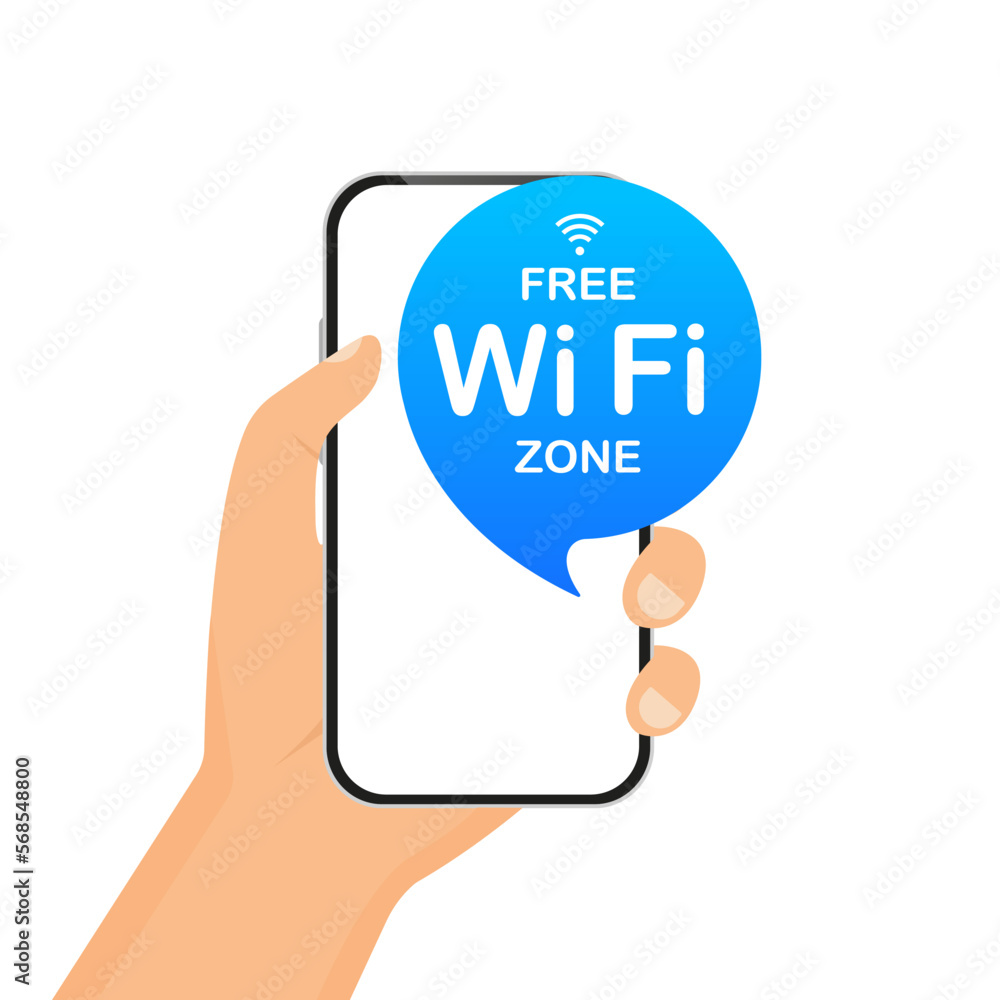 Hand holding the phone. Search connection. Free Wi-Fi zone blue icon. WIFI internet connection icon sign isolated on white background, flat style. Free wifi here sign concept. Vector illustration Hand holding the phone. Search connection. Free Wi-Fi zone blue icon. WIFI internet connection icon sign isolated on white background, flat style. Free wifi here sign concept. Vector illustration