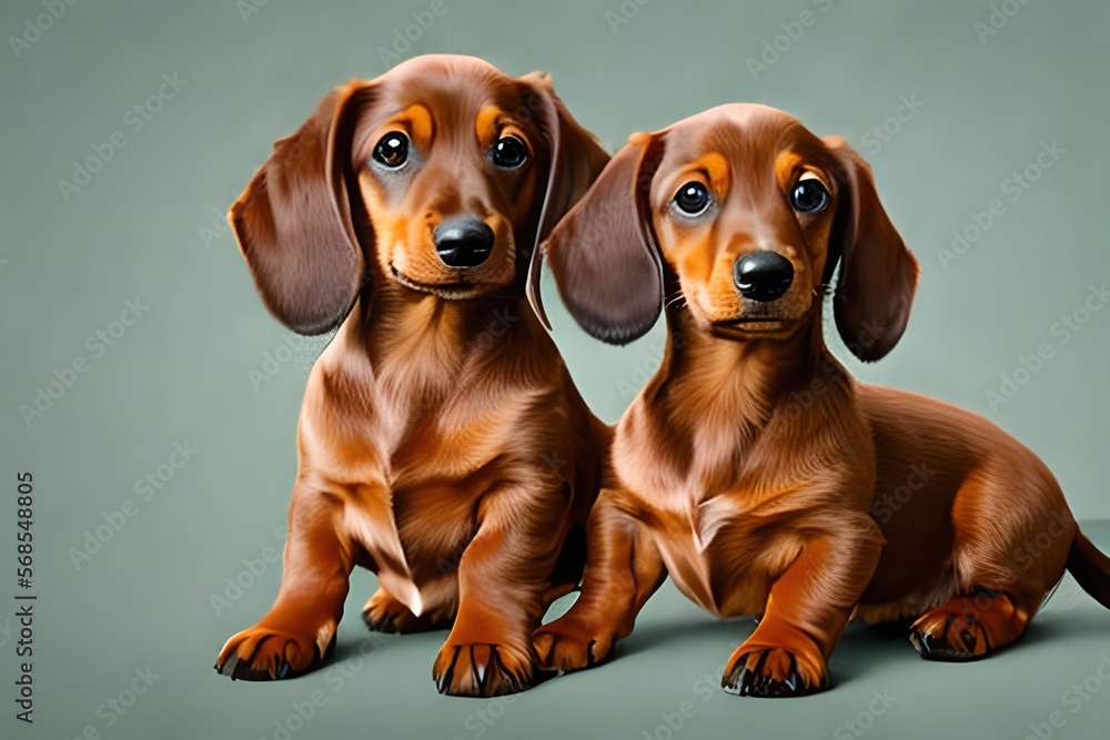 Portrait of two small brown dachshund dogs puppy on green background. Generative AI.