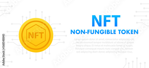 Non fungible token NFT. Technology background with circuit.NFT logo dark blue.Crypto currency concept. Buy NFT Crypto Token with Mobile Phone App. Vector illustration
