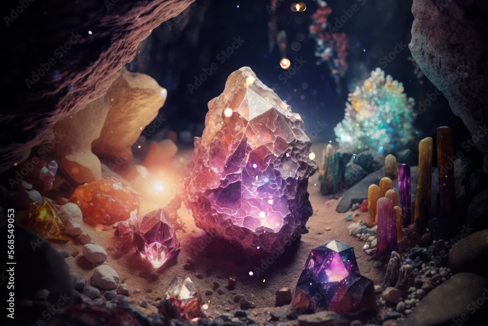 Colorful cave crystals, mystic gemstone, witchcraft wallpaper AI Generated