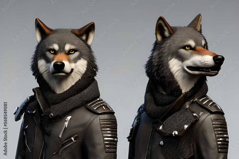 Portrait of two wolves dressed in leather jackets. Serious look. Wolf. Generative AI. Stock Illustration Adobe Stock