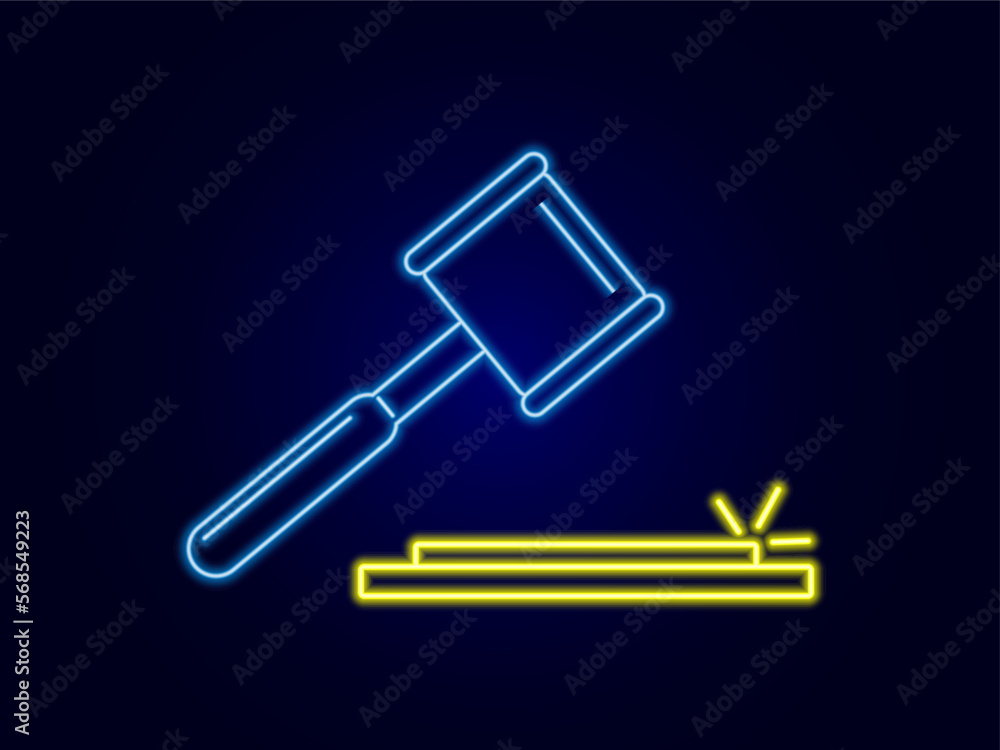 Law and Justice neon icon. Auction hammer icon. Concept of Crime Investigation. Hammer of judge or auctioneer. blue and yellow neon vector Law and Justice neon icon. Auction hammer icon. Concept of Crime Investigation. Hammer of judge or auctioneer. blue and yellow neon vector