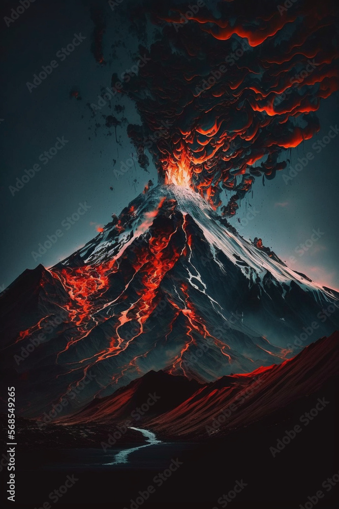 Volcanic mountain erupting generative AI