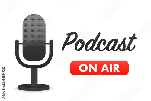 Podcast on air. Voice Chat. The microphone icon. Podcast radio icon. Studio microphone with webcast. Audio record concept. Studio Microphone Table Podcast. Podcast banner. Vector illustration