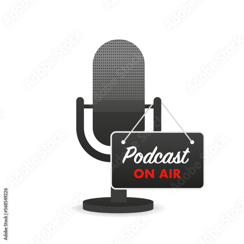 Podcast on air. Voice Chat. The microphone icon. Podcast radio icon. Studio microphone with webcast. Audio record concept. Studio Microphone Table Podcast. Podcast banner. Vector illustration