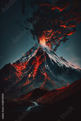 Volcanic mountain erupting generative AI