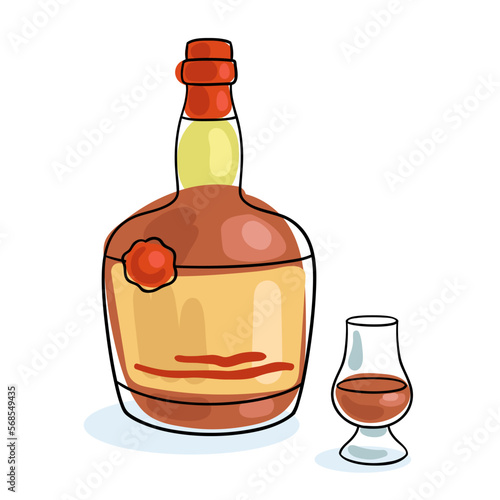 Bottle of rum and a glass. Picture in linear style. Black contour with colored spots. Isolated on white background. Vector flat illustration. Template for bar and restaurant menu.