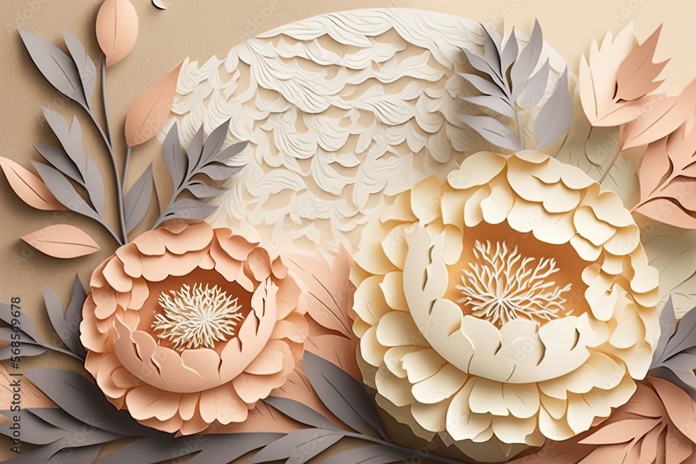 Abstract flower paper cut background. Beautiful delicate pastel peonies. AI Abstract flower paper cut background. Beautiful delicate pastel peonies. AI
