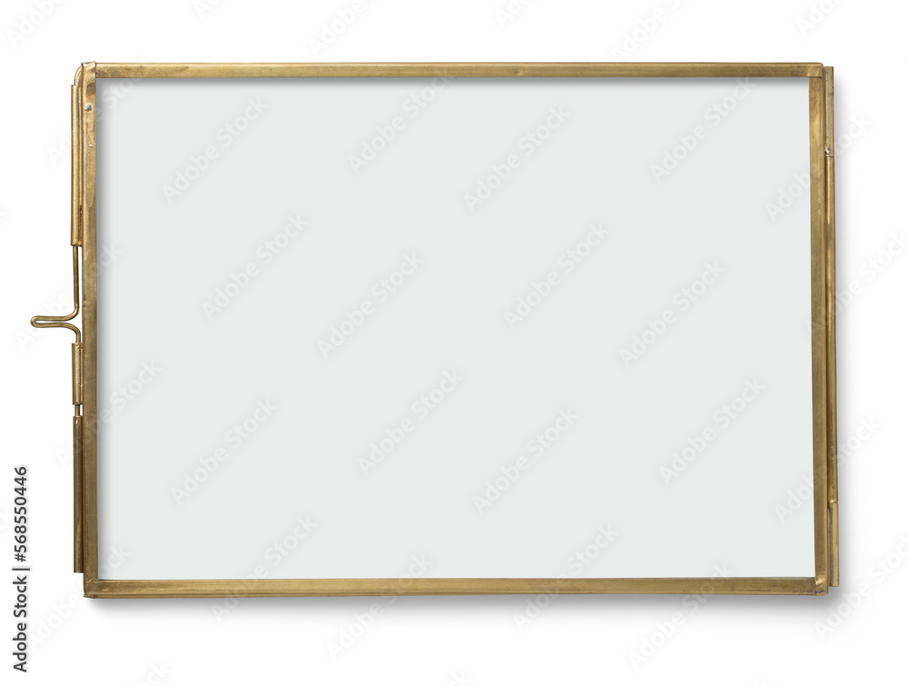 contemporary brass frame with glass on both sides for photos, flat