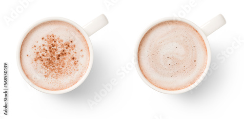 Leinwand Poster two white mugs with hot chocolate, with and without chocolate powder, isolated o