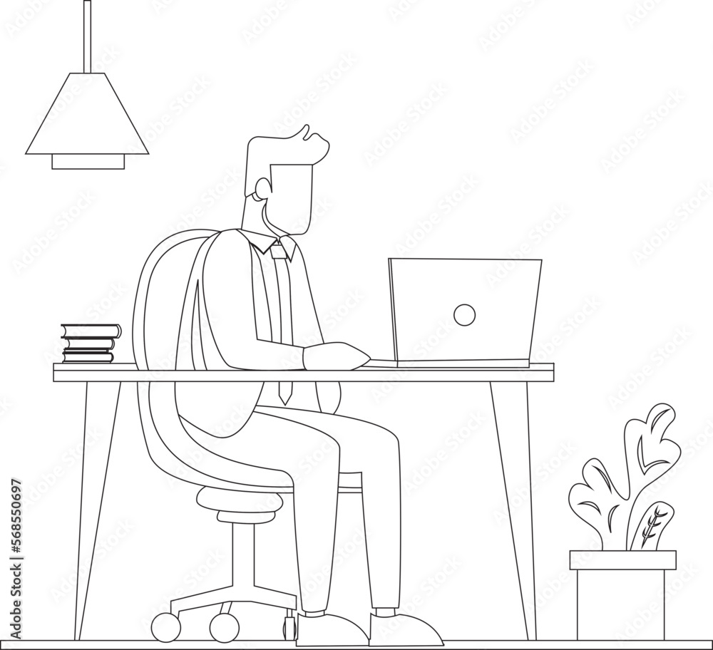 man working in office on laptop flat corporate outline