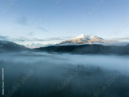 Green Trees in Forest with Fog and Mountains. Winter Sunny Sunrise. Canadian Nature Landscape Background. Near Squamish, British Columbia, Canada. © edb3_16