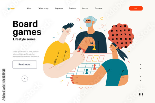 Lifestyle website template - Board games - modern flat vector illustration of people playing a board card game with a dice. People activities concept