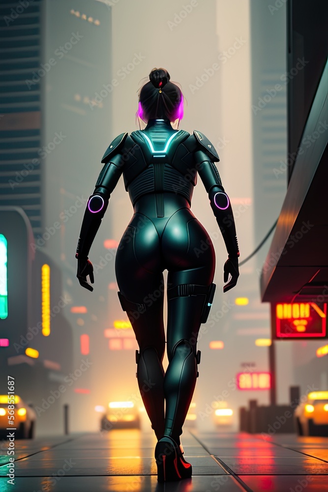 Sexy Cyberpunk Lady in Futuristic Latex Spacesuit Walks Downtown City Street. Generative AI.