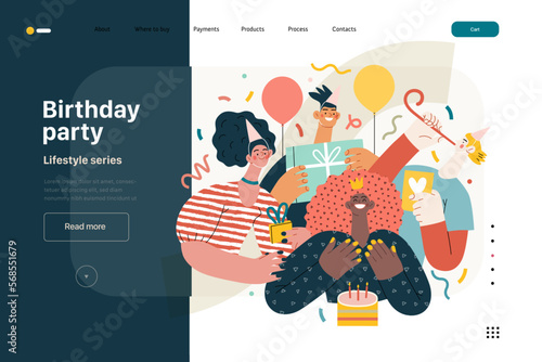 Lifestyle web template - Birthday party - modern flat vector illustration of men and women celebrating birthday, giving presents. People activities concept