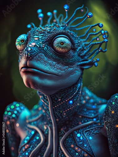 Strange Blue Froglike Alien Creature. Generative AI. 