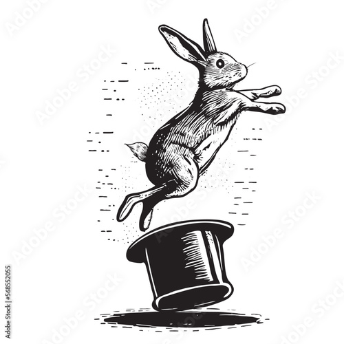 Rabbit jumping out of a top hat hand drawn sketch in doodle style