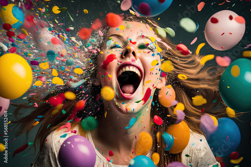 Balloons and confetti creating a joyful chaos, generative ai