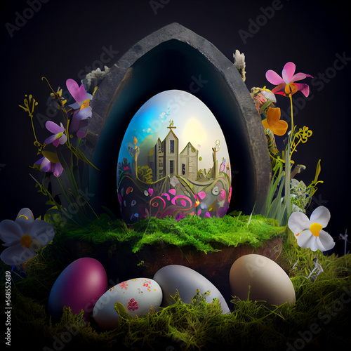 Easter background with colorful Easter eggs illustration, Generative AI
