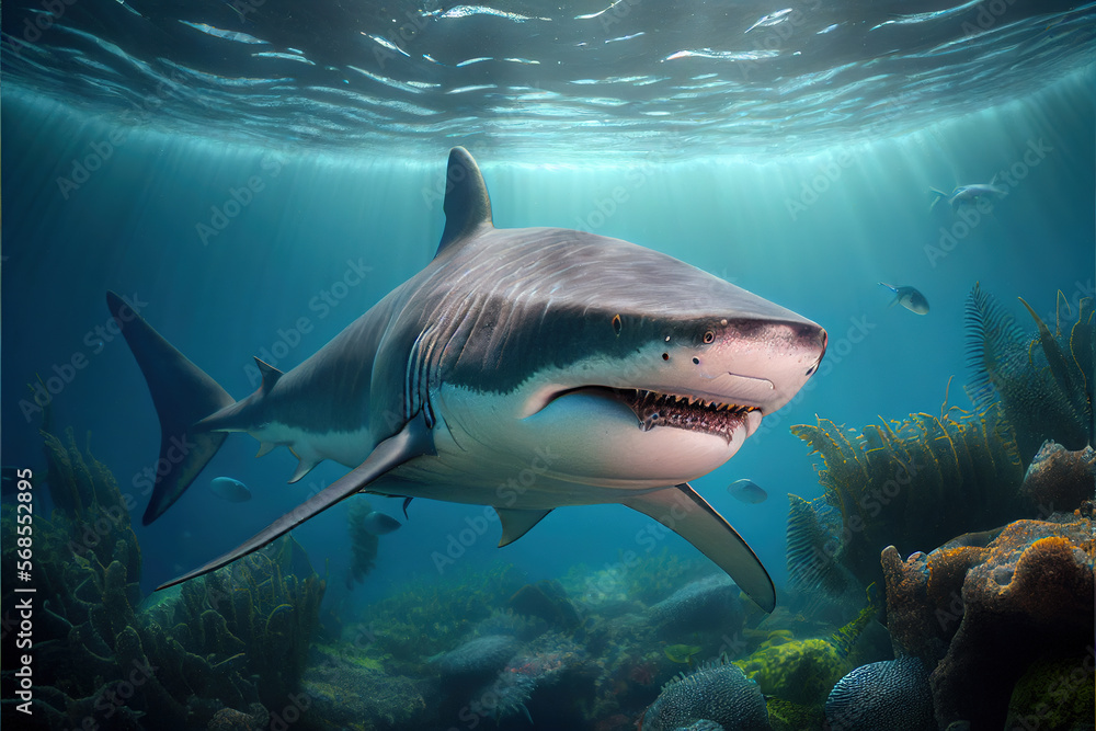 Naklejka premium White Shark In Ocean Generative AI