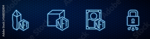 Set line NFT Digital crypto art, and Cyber security. Glowing neon icon on brick wall. Vector