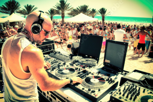 Dazzling DJ mixing turntables under the sun at beach festival, generative ai
