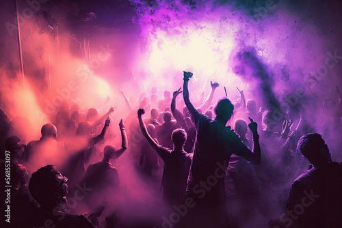 Ecstatic partygoers dancing in a smoke-filled room, generative ai