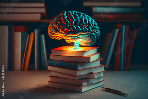 Glowing colored brain on a stack of books on a table in a library. The concept of knowledge of the teachings of sciences. Generative AI technology. photo