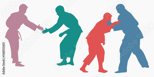 Color silhouette athlete judoist, judoka, fighter in a duel, fight, match. Judo sport, martial art.