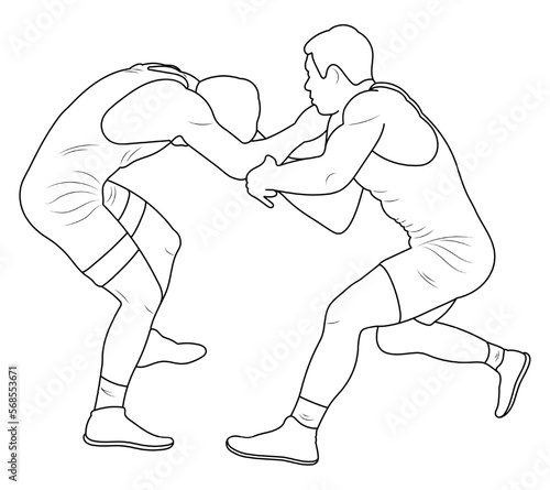 Silhouette outline athletes wrestlers in wrestling, duel, fight. Sketch line drawing greco roman, freestyle, classical wrestling.