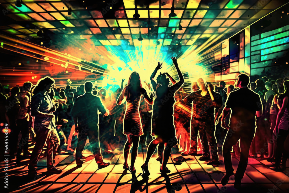 Pulsating dance floor in a flashy nightclub with revelers in bright attire, generative ai