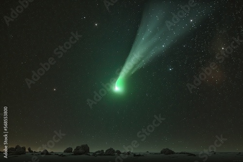 Green comet is on approach for a flyby of Earth. Green comet in space. AI generative