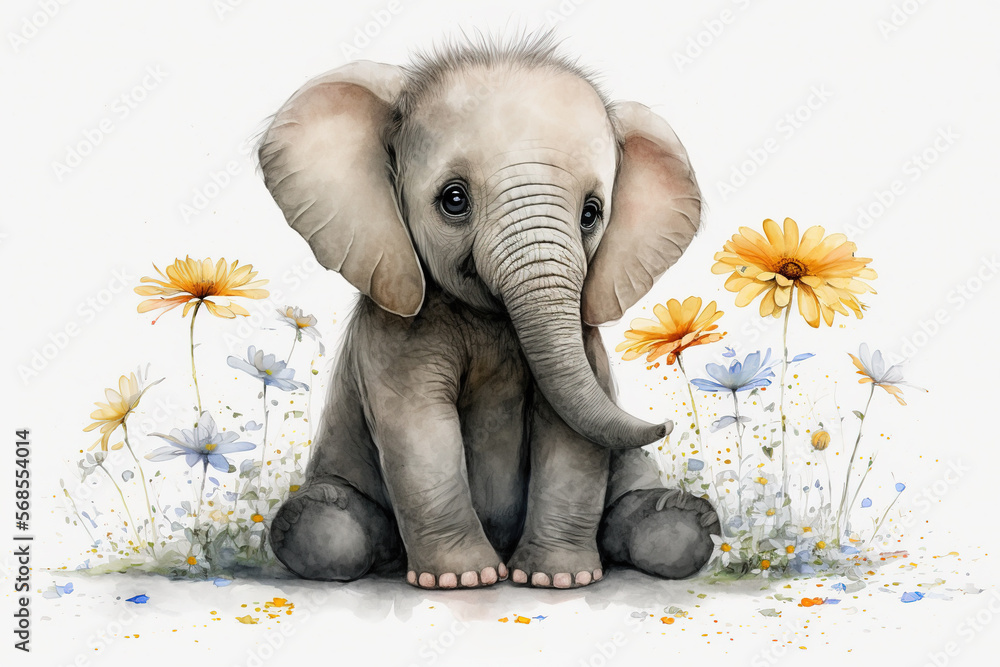 Baby elephant and flowers sitting watercolor, Generative AI